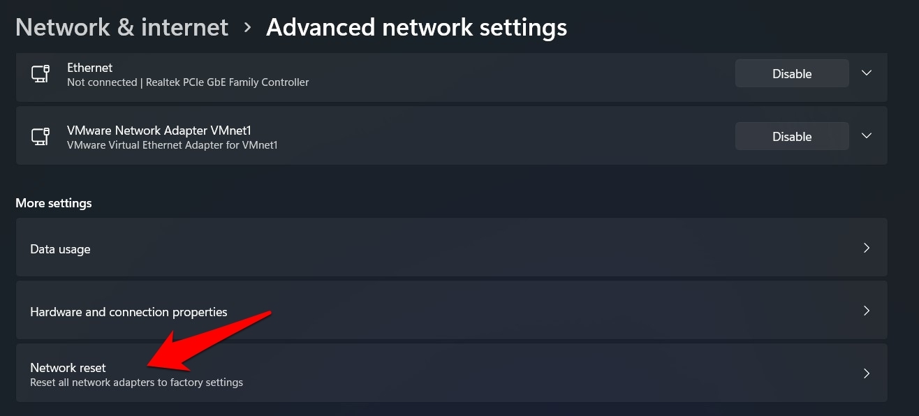 network reset option windows 11