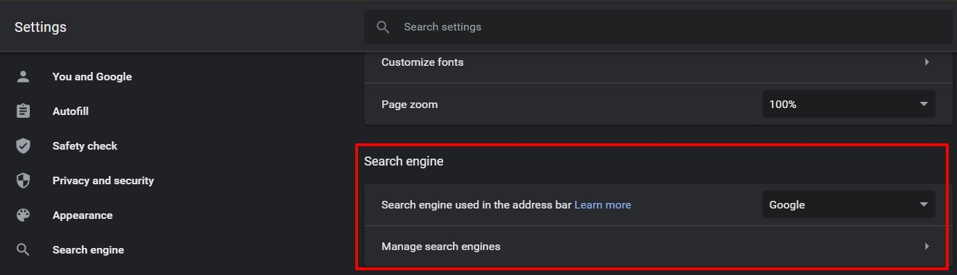 search engine in chrome browser