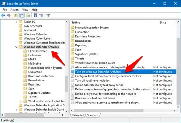 turn off windows defender via group policy