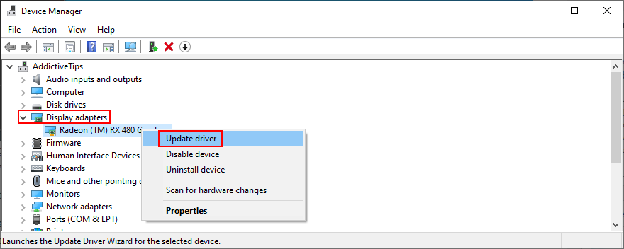 Windows muestra cómo actualizar los controladores del adaptador de pantalla en el Administrador de dispositivos