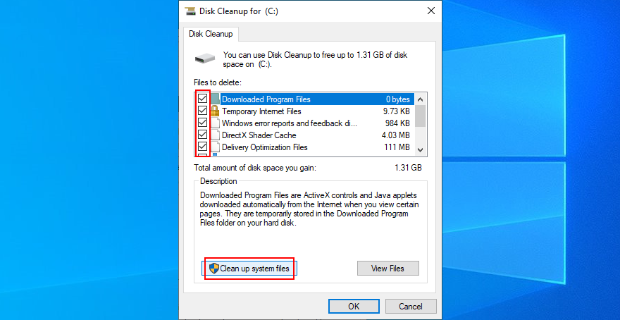 Windows 10 mostra come selezionare i file per la pulizia del disco