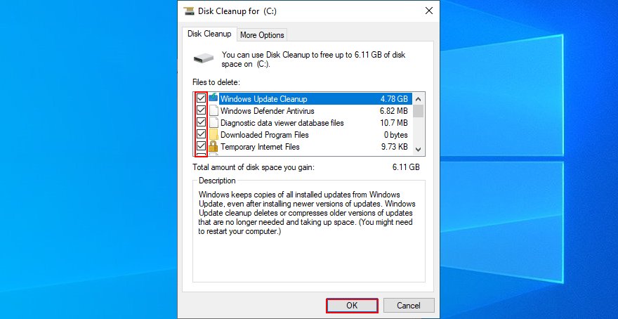 Windows 10 muestra cómo seleccionar archivos para el Liberador de espacio en disco