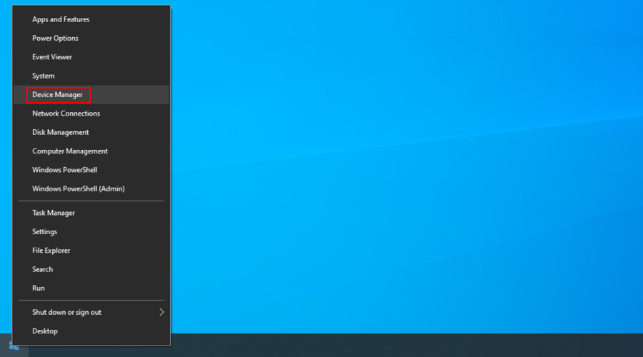 Windows 10 mostra come accedere a Gestione dispositivi dal menu di scelta rapida Start