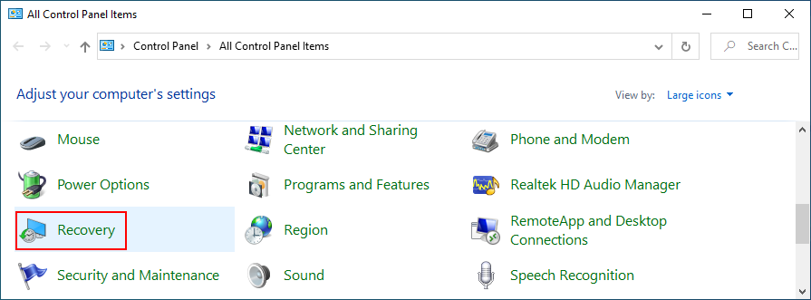 Windows 10 mostra come accedere al ripristino dal pannello di controllo