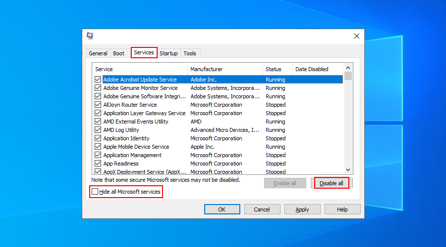 Windows 10 muestra cómo deshabilitar todos los servicios