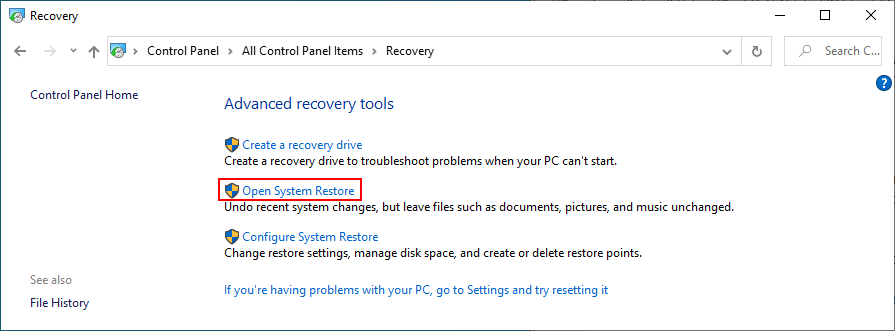 Windows 10 mostra come aprire Ripristino configurazione di sistema