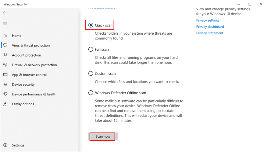Windows 10 mostra come eseguire una scansione rapida utilizzando Windows Defender