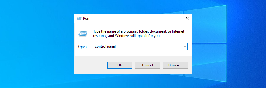 Windows 10 mostra come accedere al Pannello di controllo utilizzando lo strumento Esegui