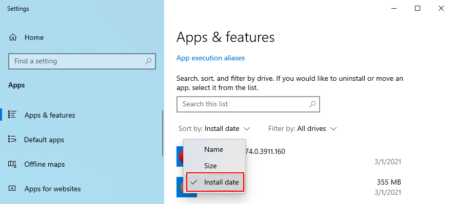 Windows 10 mostra come ordinare le app in base alla data di installazione