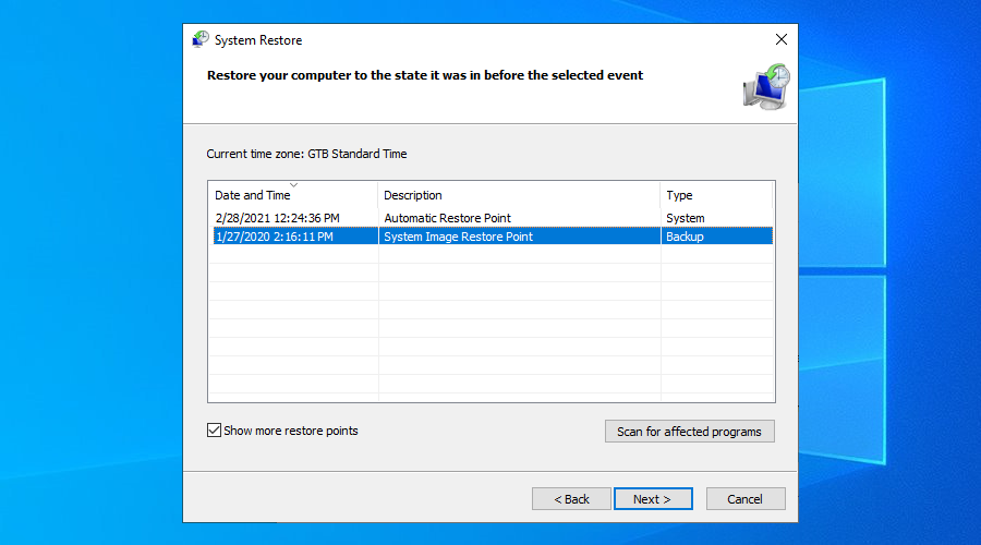 Windows 10 muestra un par de puntos de restauración del sistema