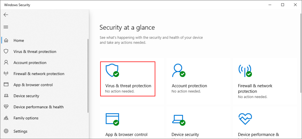 Windows 10 montre comment sélectionner la protection contre les virus et les menaces