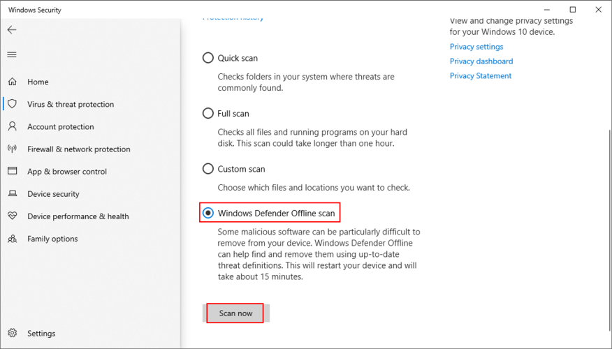 Windows 10 muestra cómo realizar un análisis sin conexión de Windows Defender