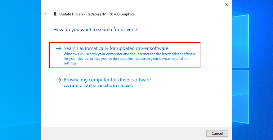 Windows 10 mostra come cercare automaticamente il software del driver aggiornato